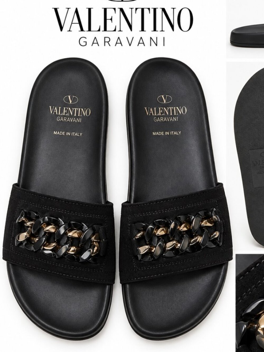 Valentino Garavani Chain Slide Sandals Black Designer Shoes Size 39